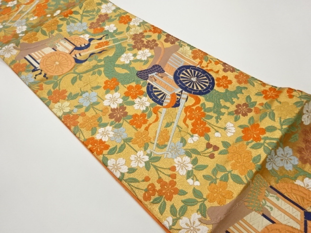 唐織花木に御所車模様織出し袋帯